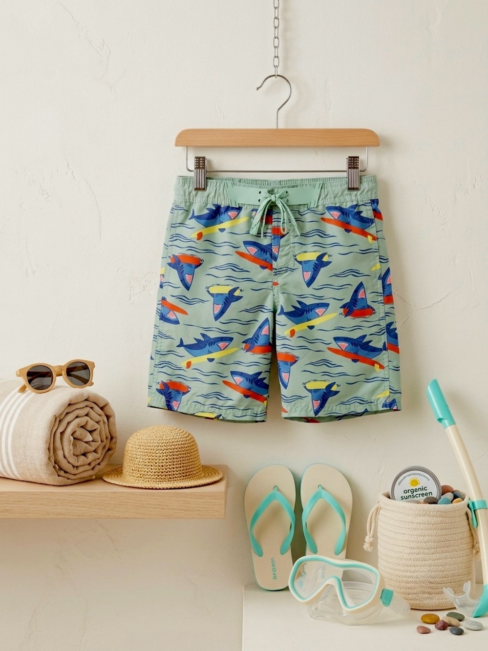 Cat & Jack Light Green Shark-Print Swim Shorts